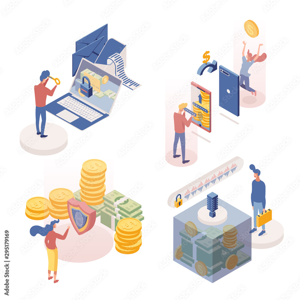 People managing deposits isometric characters set. Money transactions 3d vector illustrations collection. Secure payments, remittance, account protection, voice identification, confidential access People managing deposits isometric characters set. Money transactions 3d vector illustrations collection. Secure payments, remittance, account protection, voice identification, confidential access