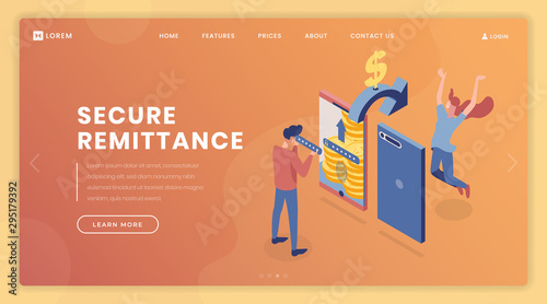 Remittance security landing page vector template. Private account access, online banking webpage, website design layout with isometric illustrations. Man entering confidential code 3d character