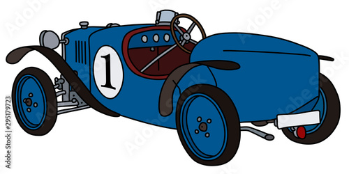 The vectorized hand drawing of a vintage blue racecar