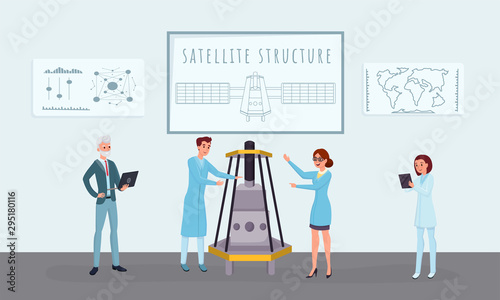 Space satellite construction flat vector illustrations. Professional engineers, scientists group working together cartoon characters. Telecommunication equipment development, assembling process