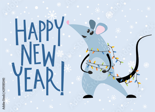 New Year greeting card with cute rat in cartoon style. New year 2020 chinese ...