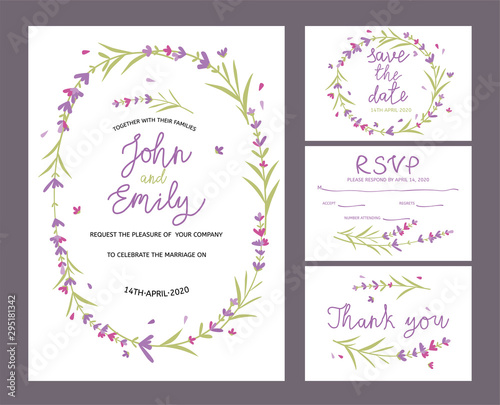 Wedding invitation card with cute lavender flowers. Save the date, RSVP, Than...