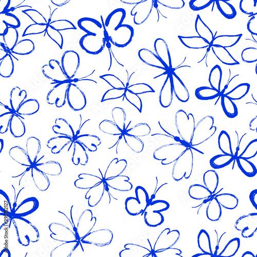 Beautiful seamless pattern with butterflies. Blue ink. Sketchy Hand Drawn graphic print. Butterflies design