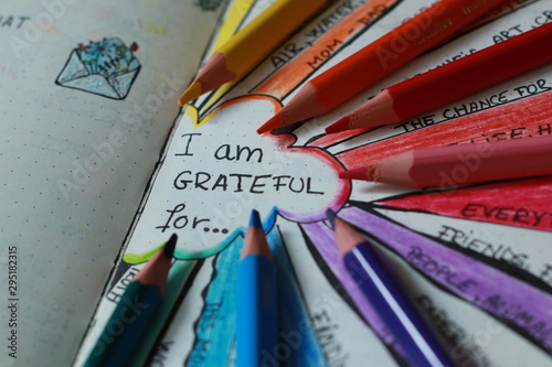 Colorful pencils pointing to the quote I Am Grateful For...