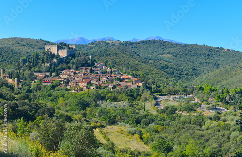 One of many charming mountain villages in south of France. Medieval castle, stone walls and family houses on a hilltop surrounded by greenery. Southern Europe 