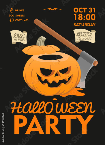 Poster flayer card template Halloween Party with smiling pumpkin and axe on dark background flat vector illustration