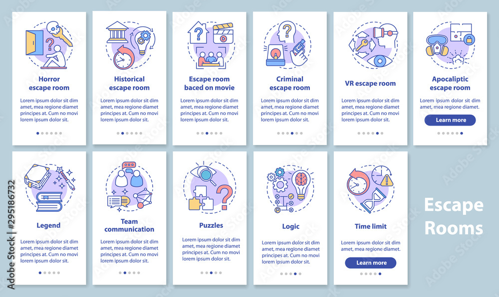 Escape room onboarding mobile app page screen set with linear concepts. Quest game classification, categories. Walkthrough graphic instructions. UX, UI, GUI vector template illustrations pack