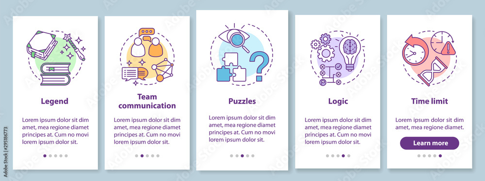 Escape room onboarding mobile app page screen with linear concepts. Quest game. Team communication, logic. Five walkthrough steps graphic instructions. UX, UI, GUI vector template with illustrations