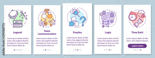 Escape room onboarding mobile app page screen with linear concepts. Quest game. Team communication, logic. Five walkthrough steps graphic instructions. UX, UI, GUI vector template with illustrations