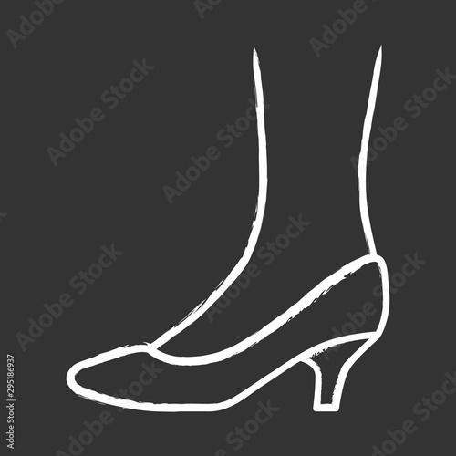 Kitten heel shoes chalk icon. Woman stylish formal footwear design. Female casual and formal retro pumps side view. Fashionable ladies clothing accessory. Isolated vector chalkboard illustration