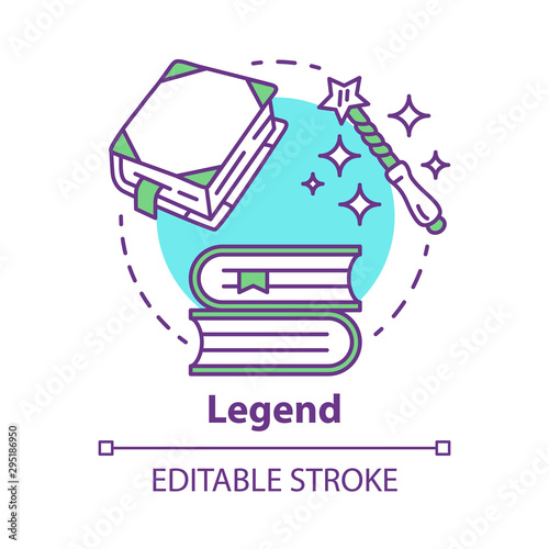 Legend concept icon. Storytelling idea thin line illustration. Fables, fiction, mythes with magic literature elements. Vector isolated outline drawing. Fairy tales, fantasy books. Editable stroke photo