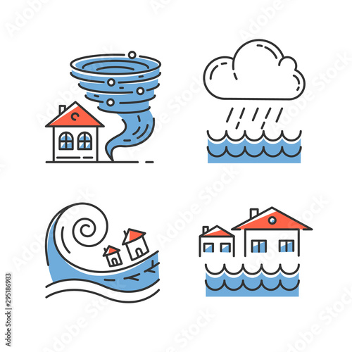 Natural disaster blue color icons set. Global climate changes danger. Tornado, flood, downpour, tsunami. Geological, atmospheric catastrophes. Environmental cataclysmes. Isolated vector illustrations