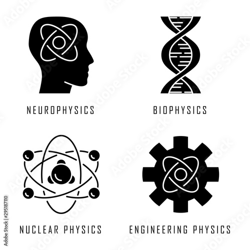 Physics branches glyph icons set. Neurophysics, biophysics, engineering and nuclear physics. Human brain, structure of molecule. Physical processes. Silhouette symbols. Vector isolated illustration