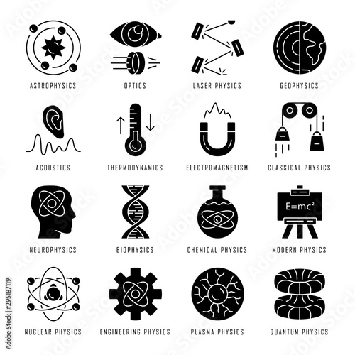 Physics branches glyph icons set. Physical processes and phenomenons. Classical, modern and quantum physics. Electromagnetism, thermodynamics. Silhouette symbols. Vector isolated illustration