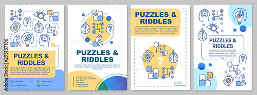 Puzzles and riddles brochure template. Escape room flyer, booklet, leaflet print, cover design with linear illustrations. Vector page layouts for magazines, annual reports, advertising posters