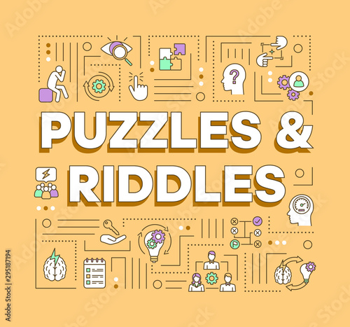 Puzzles and riddles word concepts banner. Solving problems, mysteries presentation, website. Escape games isolated lettering typography idea with linear icons. Vector outline illustration