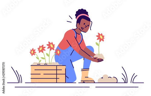 Young woman planting flower flat vector illustration. Gardener at work. Hobby. Smiling african american girl holding seedling isolated cartoon character with outline elements on white background