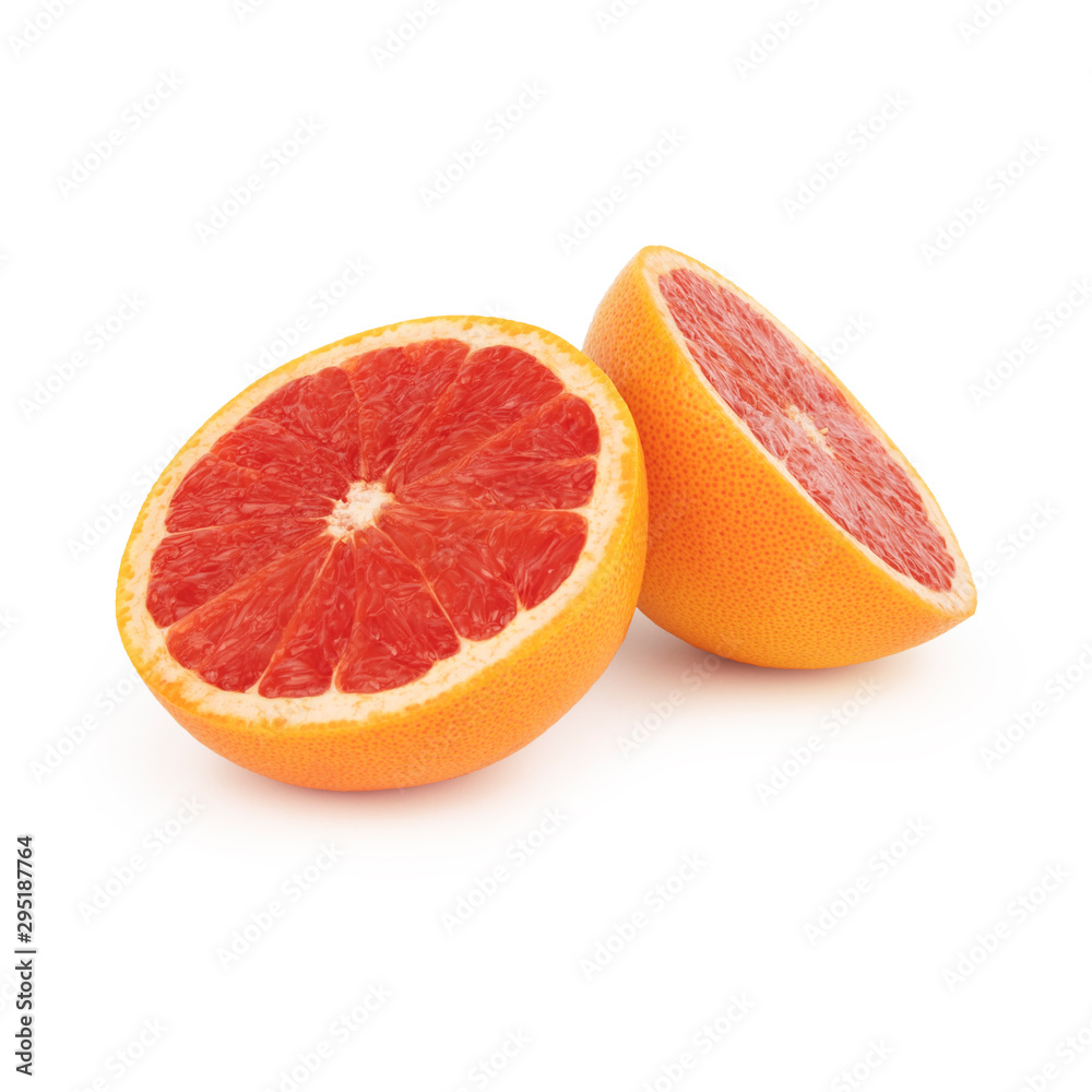 Fresh grapefruit orange / pomelo half cut into two equal parts with a juicy red pulp. Isolated on white background. Side view. Fresh grapefruit orange / pomelo half cut into two equal parts with a juicy red pulp. Isolated on white background. Side view.