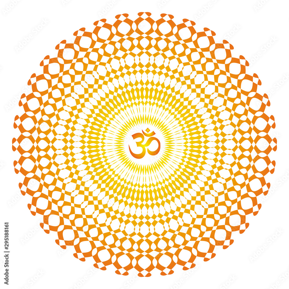 Сircle openwork mandala. Orange, yellow, red colors. Sign Aum / Om / Ohm in center. Spiritual esoteric symbol. Vector graphics art. - obrazy, fototapety, plakaty 