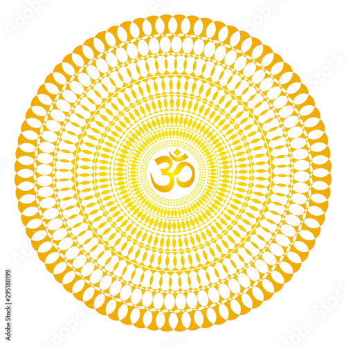 Сircle openwork mandala. Orange, yellow colors. Sign Aum / Om / Ohm in center. Spiritual esoteric symbol. Vector graphics art.