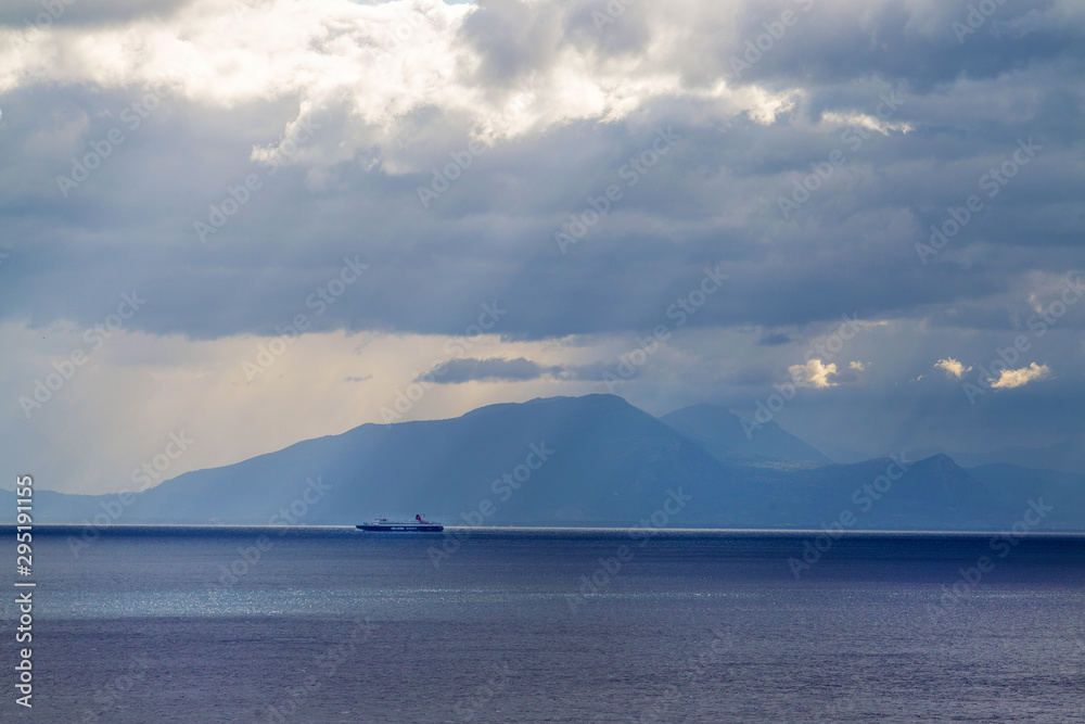 Awe landscape - ship sailing to naples  in gulf of Neapolitan.