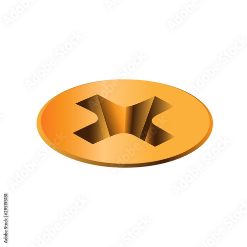 Isometric, Twisted in surface golden self-tapping screw, head. Macro view of wide gold a hat metalware isolated on white background. Vector illustration.