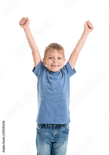 Happy little boy on white background