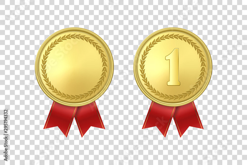 Vector 3d Realistic Gold Award Medal Icon Set with Red Ribbons Closeup Isolated on Transparent Background. Design Template, Mockup. Blank and The First Place, Prize. Sport Tournament, Victory Concept