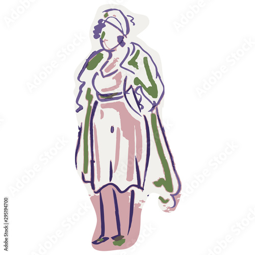 Textured 1950s retro woman silhouette . Hand drawn vintage fashion model clipart. 