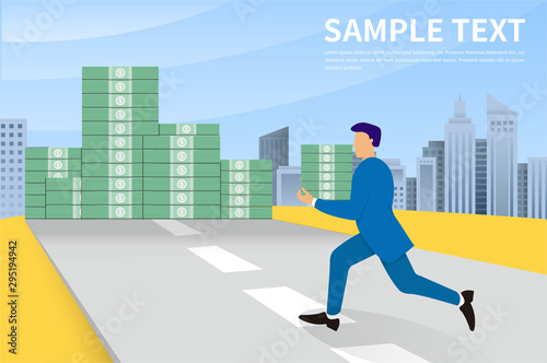 Business man with carrying a lot of money.  A pile of dollars. Economic crime concept. Vector flat design illustration. business success, economic or market growth.