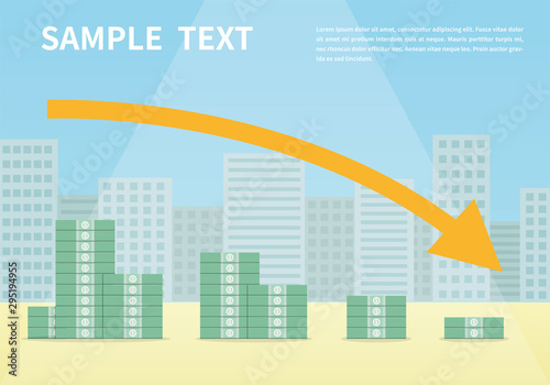 Money loss vector illustration, flat cartoon cash with down arrow stocks graph, concept of financial crisis, market fall, bankruptcy, budget recession, investment expenses, bad economy reduction