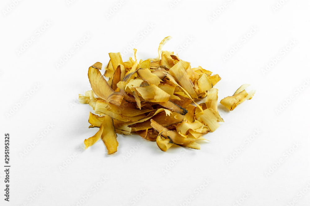 dried bonito flakes on white background dried bonito flakes on white background