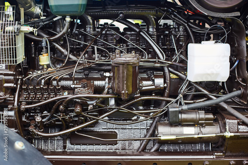 Tractor engine close-up. Agricultural Machinery Exhibition