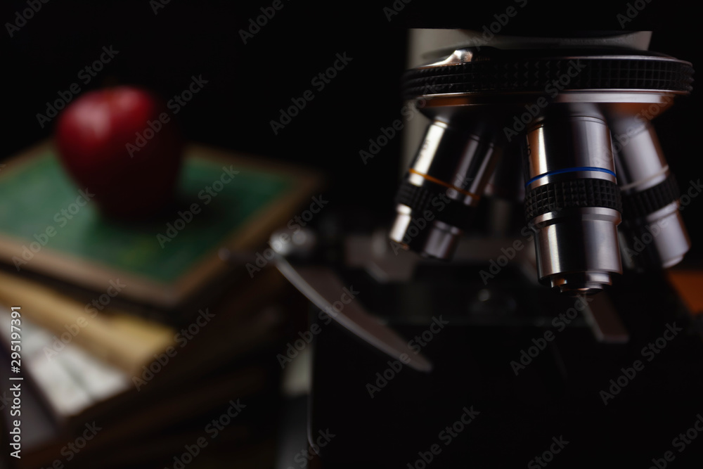 Microscope for science research at school, the study of biology and chemistry. Experiences and experiments for education.