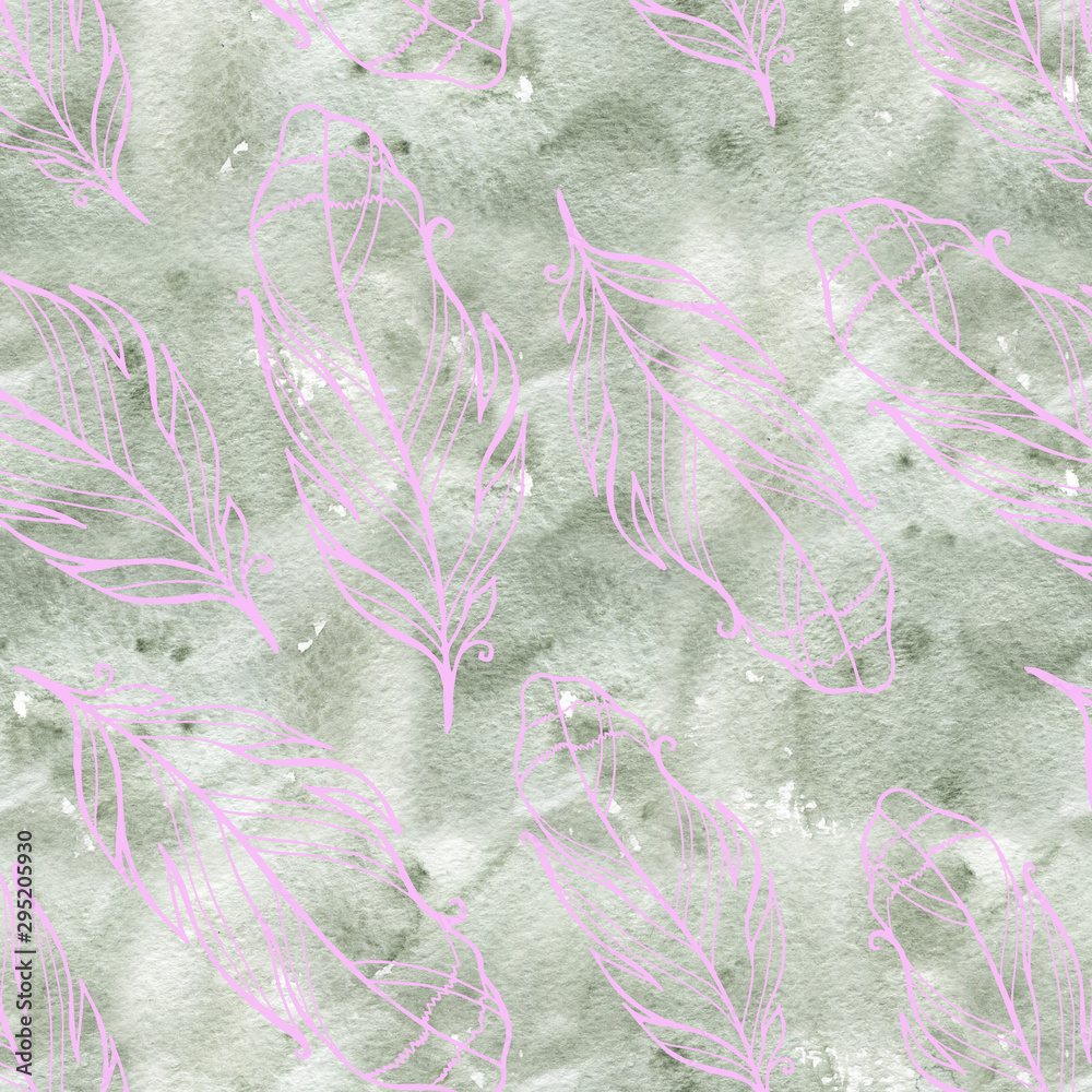 Fototapeta premium Seamless pattern with hand drawn feathers with watercolor splatters.