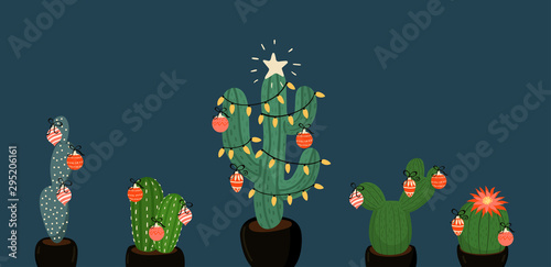 Banner with Christmas decorated cacti. vector image photo