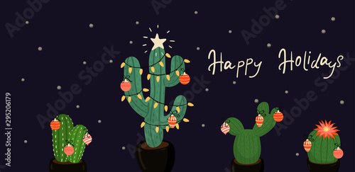 Banner with Christmas decorated cacti. vector image