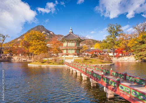 Gyeongbokgung palace with Maple leaves and pavilion old traditional, Seoul, South Korea.