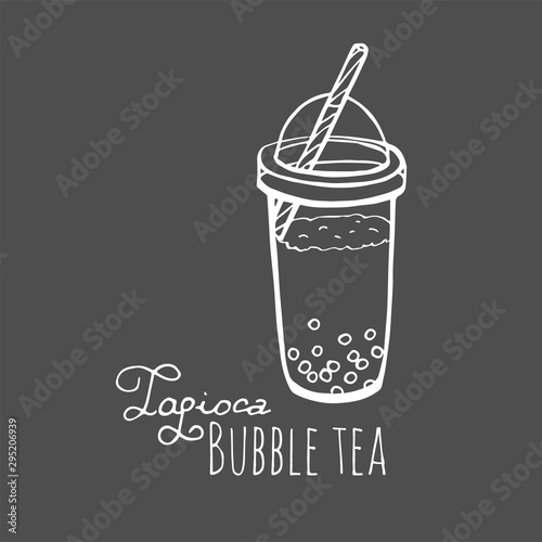 Bubble milk tea funny. Hand drawn kawaii smiled drinks. Cute cartoon vector illustration.