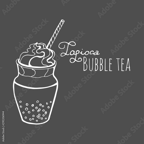 Bubble milk tea funny. Hand drawn kawaii smiled drinks. Cute cartoon vector illustration.