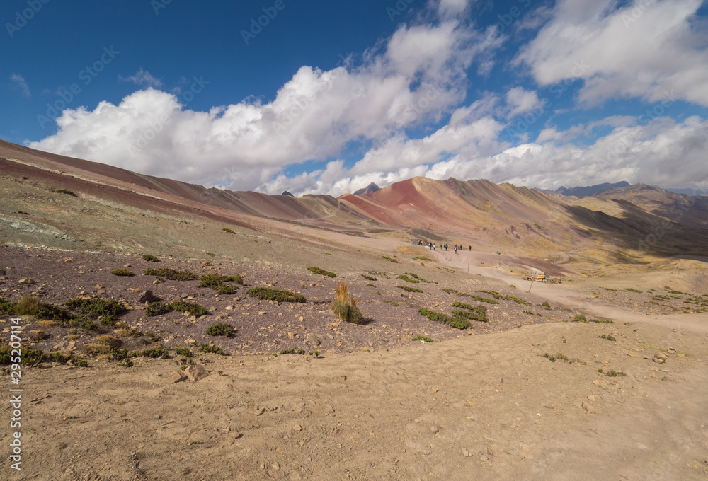 Panoramic view of the landscape from the top of Vinacunca also known as the rainbow mountain
