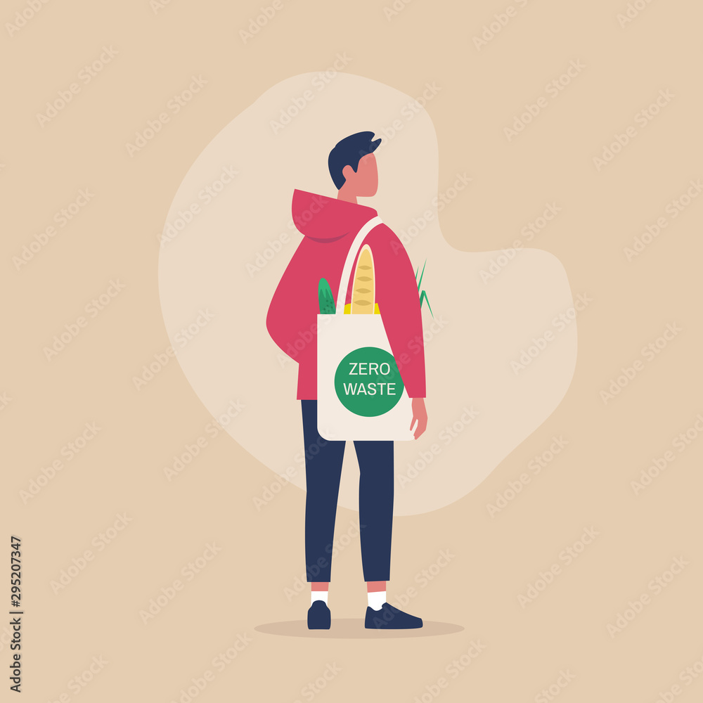 Zero waste concept, young male millennial character carrying groceries in a reusable eco friendly shopper bag
