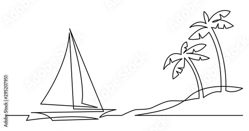 continuous line drawing of beautiful sailboat yacht sailing near tropical beach with palm trees