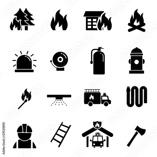 Set of firefighter related icon with simple black design isolated on white background