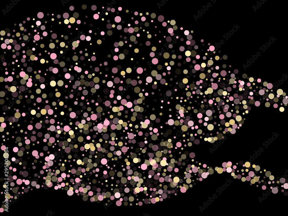 Gold, pink and rose color round confetti dots, circles scatter on black. Gold, pink and rose color round confetti dots, circles scatter on black.
