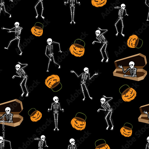 Halloween Seamless pattern background with costume skeletons