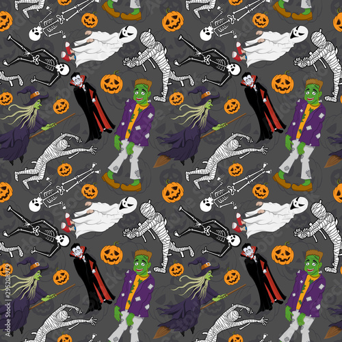 Seamless Pattern with Halloween Characters Costume