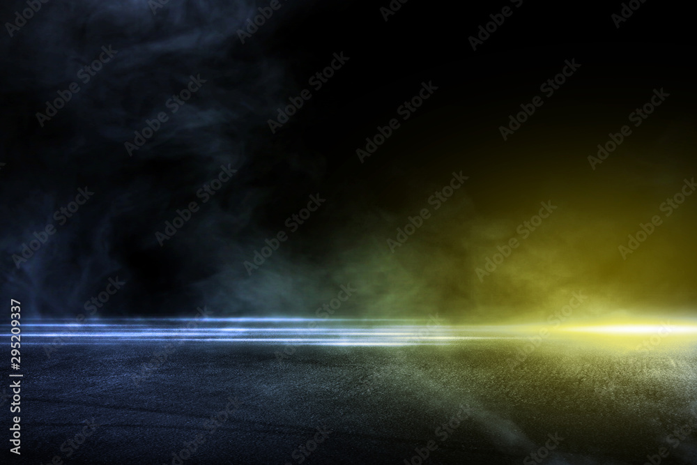 3D rendering Abstract asphalt light blue and orange in a dark street and black background