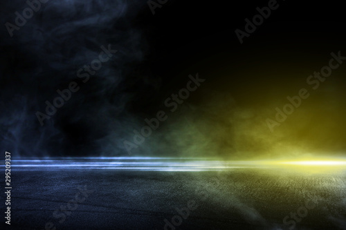 3D rendering Abstract asphalt light blue and orange in a dark street and black background