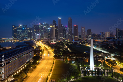 Panorama of Singapore business district skyline and skyscraper with War Memorial Park in night at Marina Bay  Singapore. Asia 